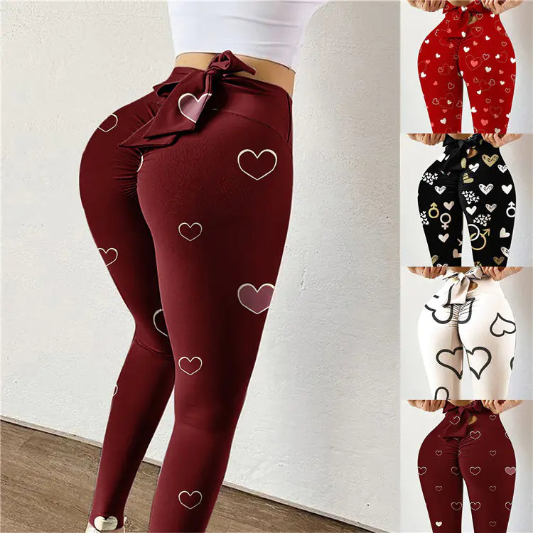 High-Waist High-Stretch Yoga Pants with Bow Print